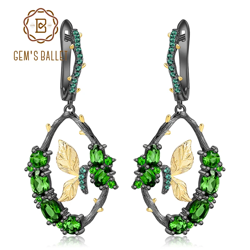 

GEM'S BALLET Natural Chrome Diopside Gemstone Earrings 925 Sterling Silver Cute Butterfly Branch Drop Earrings for Women Jewelry