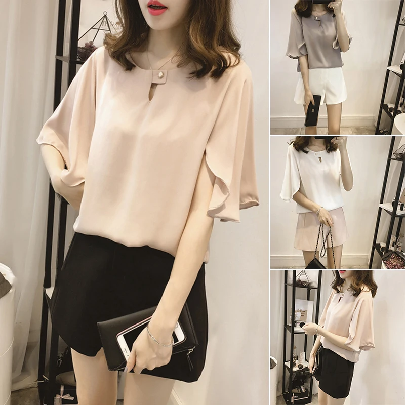 Женские шифоновые топы короткий рукав клеш футболка блузка летняя Однотонная