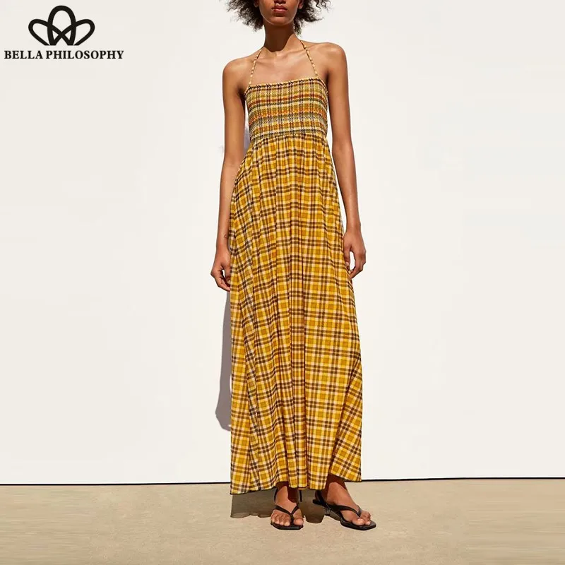 Женское винтажное платье макси Heydress длинное клетчатое пляжное с лямкой на шее