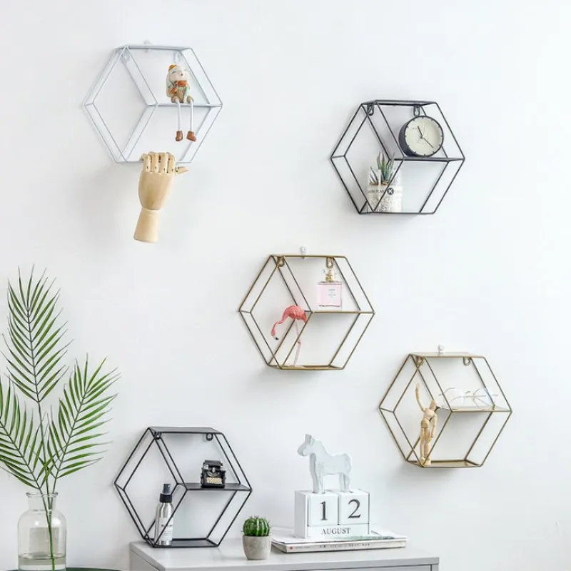 

Nordic Style Creative Ins Wrought Iron Hexagonal Wall Hangings Living Room Bedroom Room Wall Storage Rack Decoration