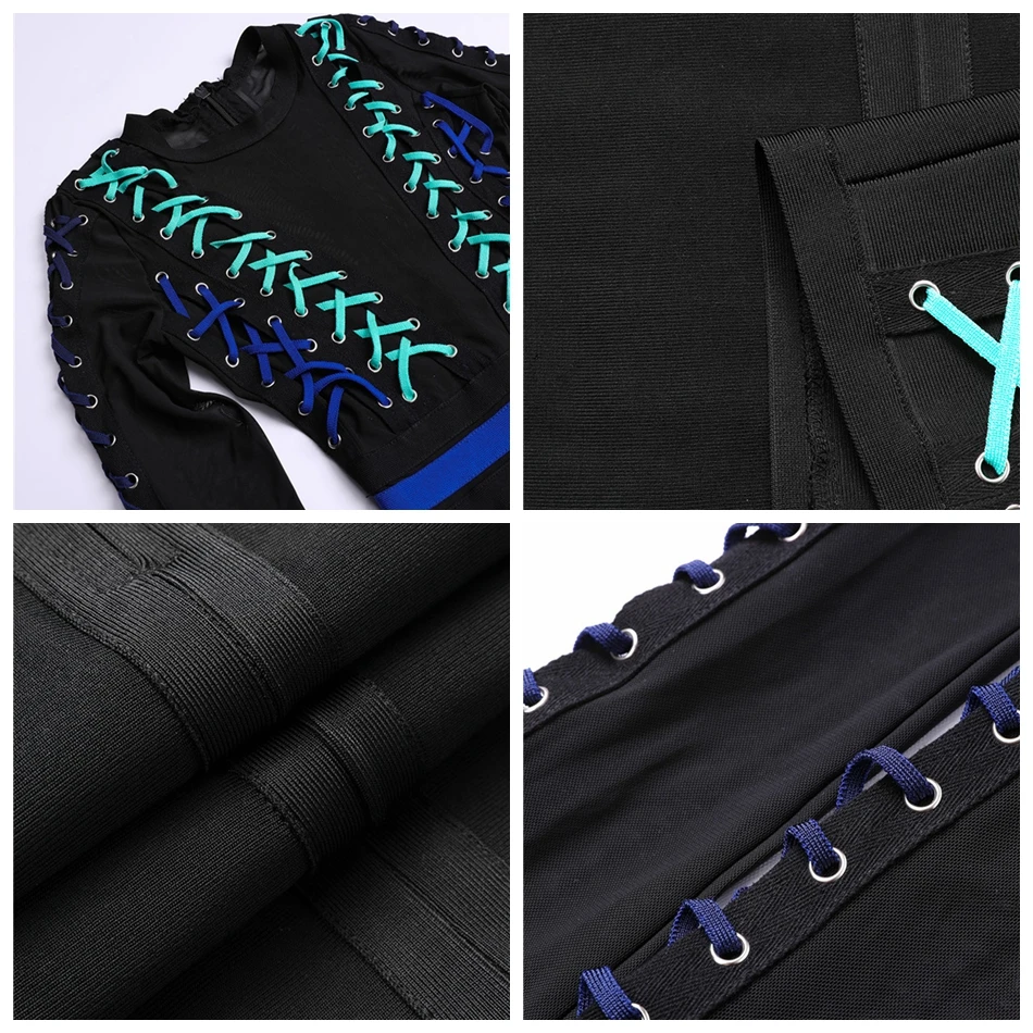 Women Long Sleeve O-Neck Lace Up Bandage Dress Ladies Sexy Bodycon Club Celebrity Evening Party Patchwork Mini Vestidos | Женская одежда