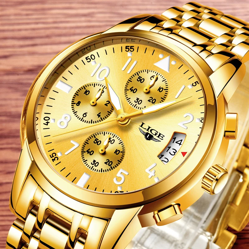 

LIGE Watches Mens Fashion Brand Multi Function Sports Quartz Watch Men Full Yellow Stainless Steel Male clock Relogio Masculino