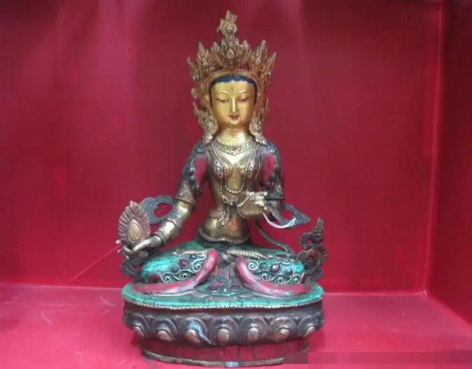 

Free shipping S03095 Tibet pure Bronze Gold inlay Turquoise red Coral Kwan-Yin Bodhisattva statue