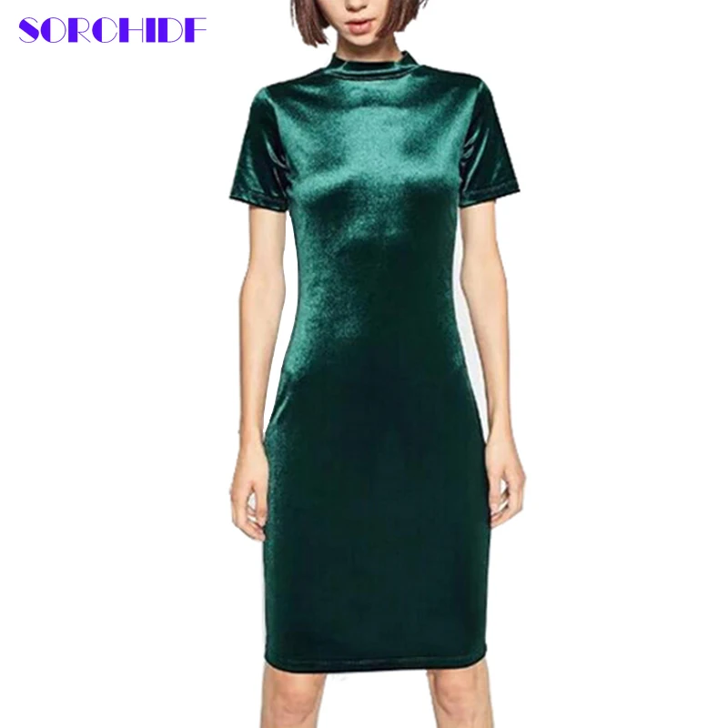 SORCHIDF Женщин Бархат Платья Винтаж Стенд Воротник С Коротким Рукавом Ткань
