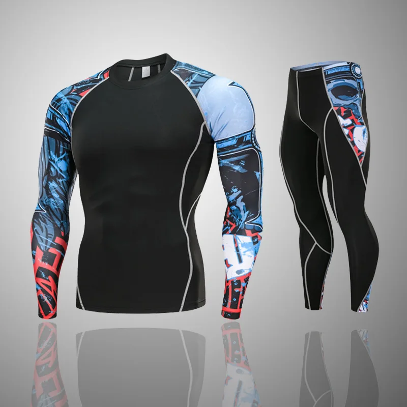 

New Dry Fit Compression Tracksuit Fitness Tight Running Set T-shirt Legging Men's Sportswear Demix Black Gym Sport Suit