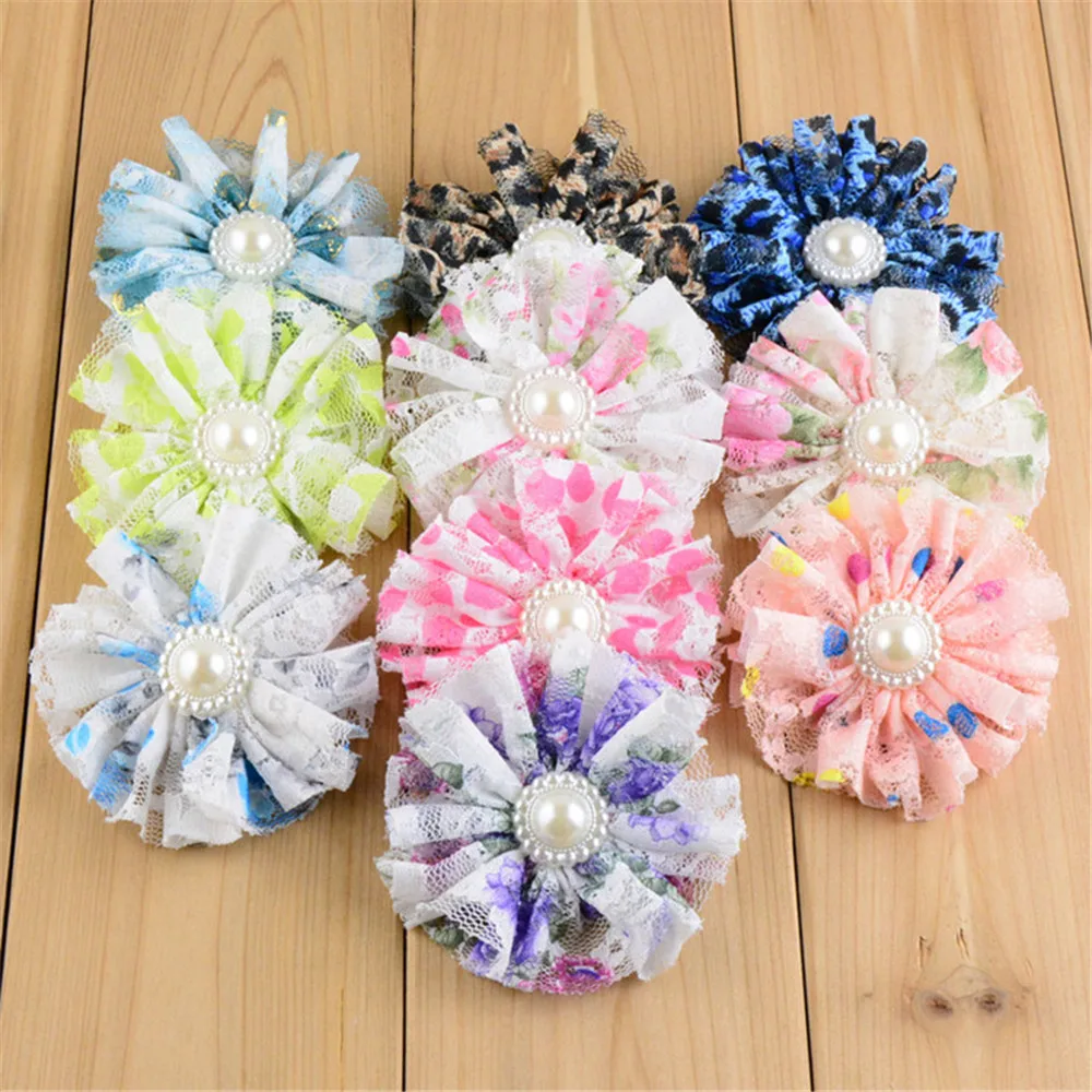 

Pearl lace flower 20pcs/lot in printed colors For Newborn Headbands Beautiful Girls Hair Accessories