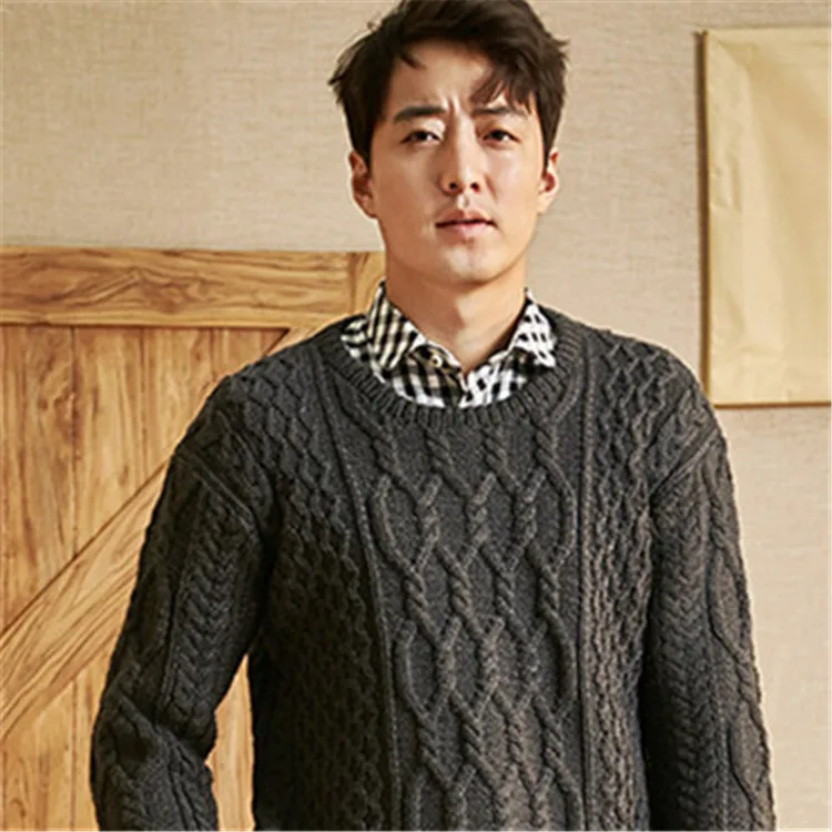 Новое поступление ручная работа чистая шерсть Oneck twisted knit men solid H-прямой свободный пуловер свитер один и более размер