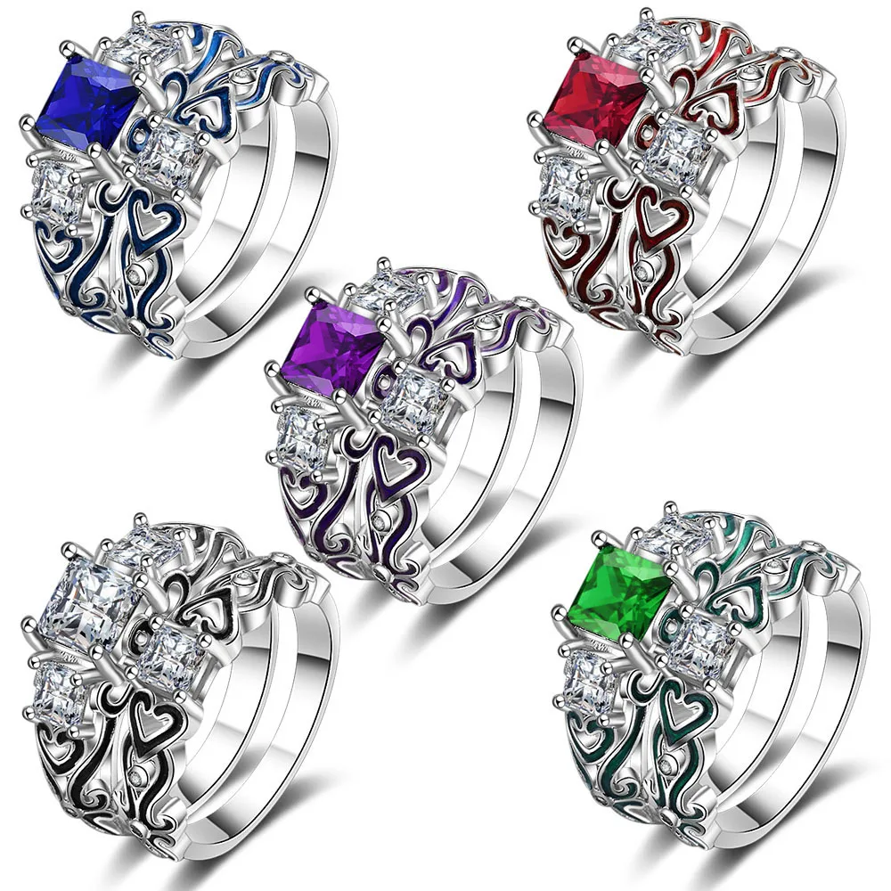 925 anillos, серебряное, 2 шт, обручальное, для пары, для женщин, цвет, кристалл, циркон, сердце, модное кольцо, для девушек, любовь и блеск, изумруд, ювелирное изделие