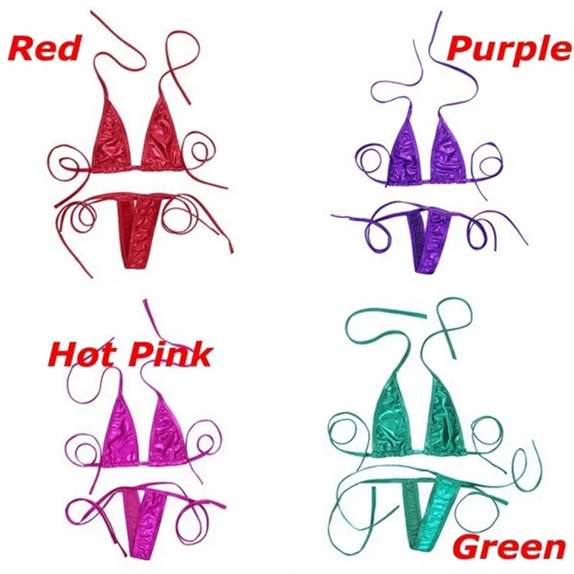 

2019 Women Sexy Bodycon Eye-catching Shiny Micro Halter Top + G-String Set PU leather