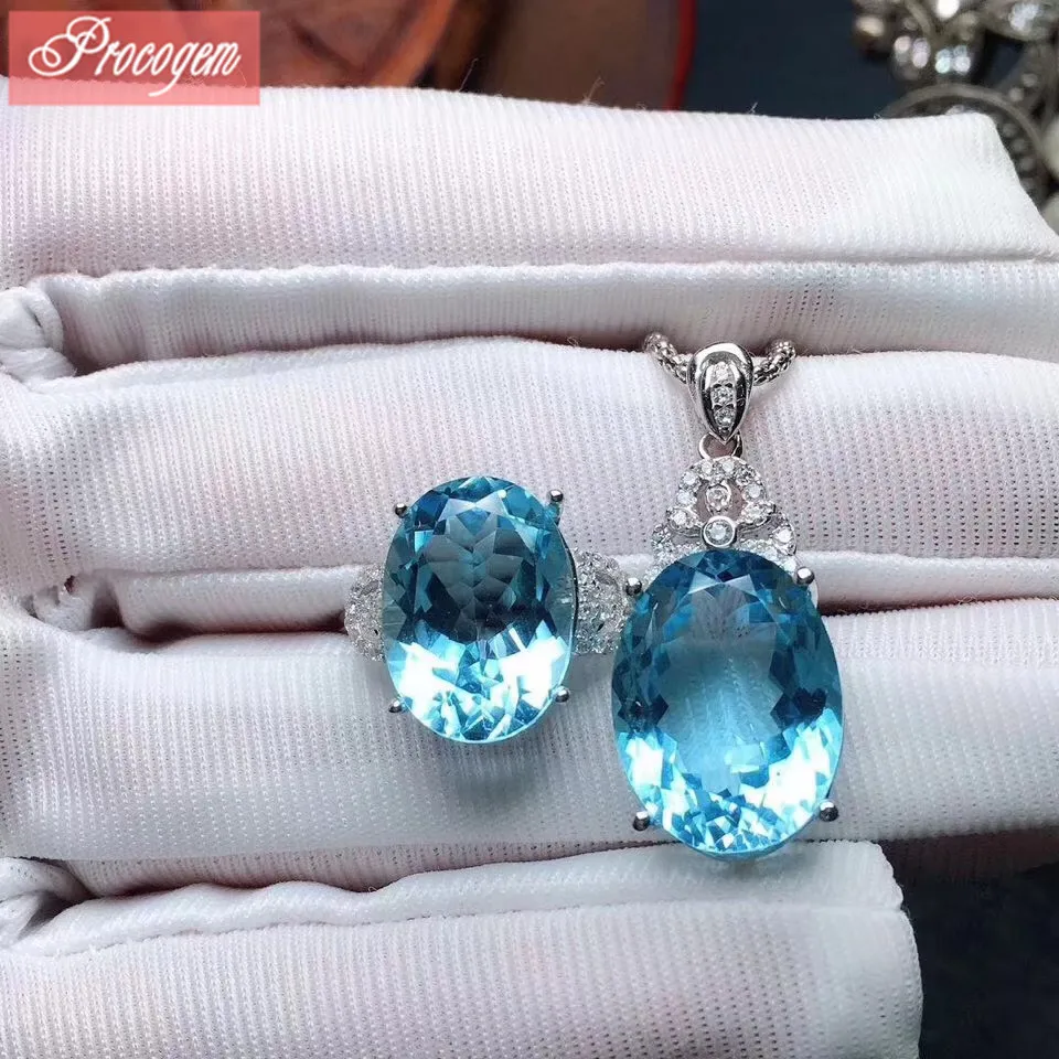 

Natural Blue Topaz Jewelry sets for Women Girl Party Real gemstone fine Jewelry Pendant Necklace Ring 925 Sterling silver #183