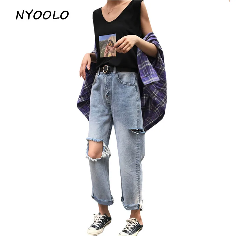NYOOLO High street 2018 женские рваные свободные прямые джинсовые брюки бойфренды джинсы