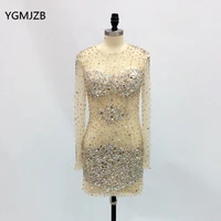 sexy short prom dresses 2020 sheath long sleeves heavy beads crystal nude tulle women formal night club party prom gowns