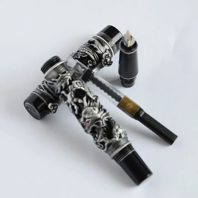 Авторучка NOBLE JINHAO антикварная серебряная и черная Дракон Феникс 18KGP изящный