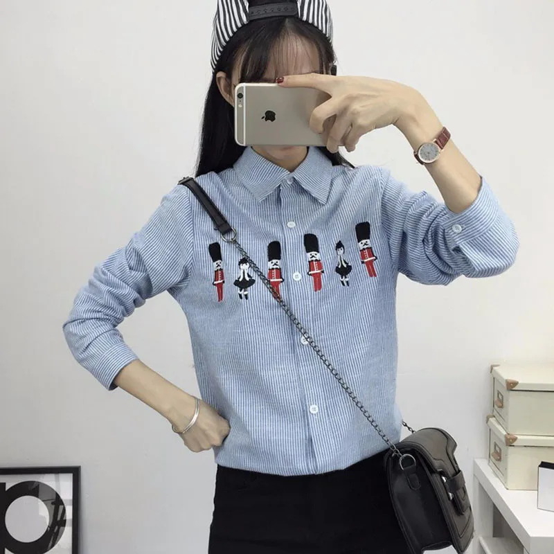 2016 Новая Коллекция Весна и Осень женская Рубашка Блузка Кот Вышивка С Длинным