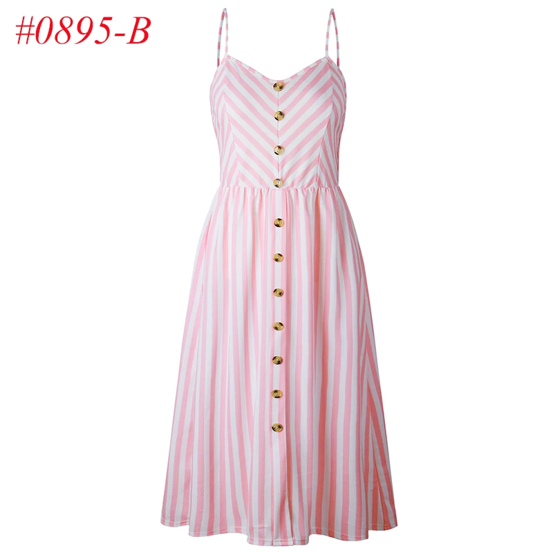 Женские сексуальные летние платья, Boho, плюс XXXL, без рукавов, на пуговицах, в полоску, сплошное, миди платье, сарафан с карманами - Цвет: 0895 Pink Stripe