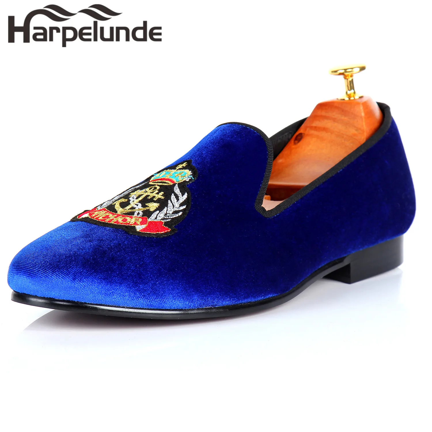 

Harpelunde Men Blue Velvet Loafers Smoking Slippers Handmade Casual Shoes Fashion Footwear Size 6-14