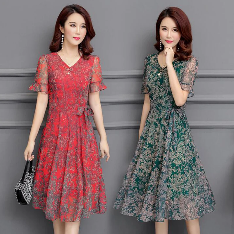Новый летний Цветочный принт шифоновое платье 2019 среднего возраста Для женщин