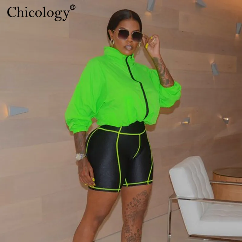 Chicology patchwork neon stripe women biker short 2019 summer female high waist sporting clothing sexy lady streetwear trousers | Женская