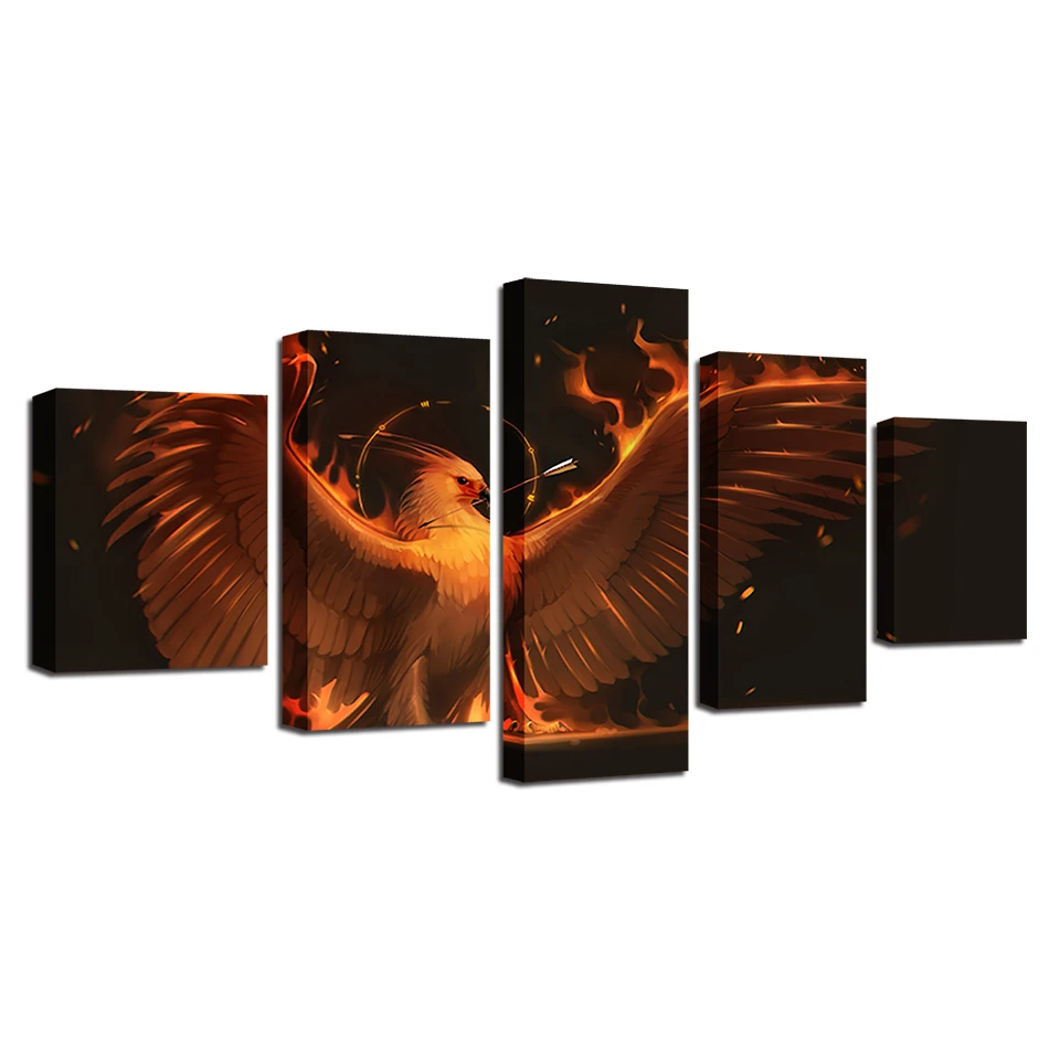 HD Prints Canvas For Living Room Decor Frame 5 Pieces Fire Finches Spread Wings Pictures Bird Poster Modular Painting Wall Art | Дом и сад