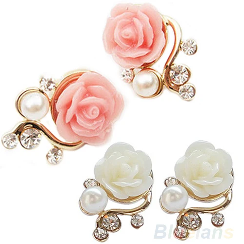 Korean Style OL Pink Rose Flower Shiny Crystal Rhinestone Pearl Stud Earrings 00UP | Украшения и аксессуары