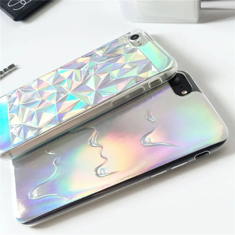 Holographic Card Paper Geometric Phone Case For iPhone 7 Plus 6 6S 5 5S Rainbow 3D Diamond TPU Cover Fashion Pastel |