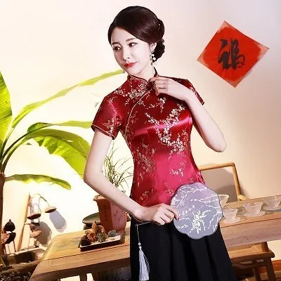 rose red SHENG COCO 4XL 10 цветов китайские Топы Qipao рубашки сливы с цветочным узором Топы Cheongsam атласные летние женские черные красные розовые - Цвет: rose red