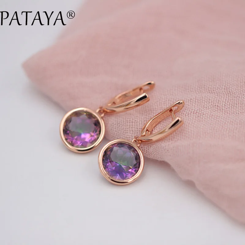 AB colorful PATAYA, новинка 585, розовое золото, розовый цвет, круглый натуральный кубический цирконий, свисающие серьги, разноцветные, RU, популярные, эксклюзивный дизайн, серьги - Окраска металла: AB colorful