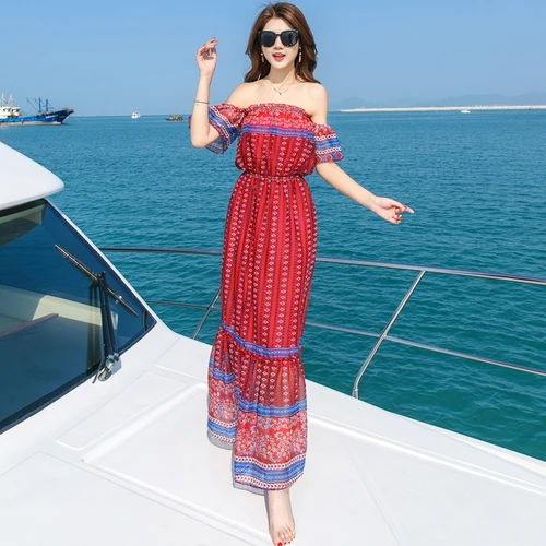 Stinlicher Boho Style Long Dress Women Off Shoulder Beach Summer Dresses Vintage Print Chiffon Elastic Waist Maxi Vestidos | Женская