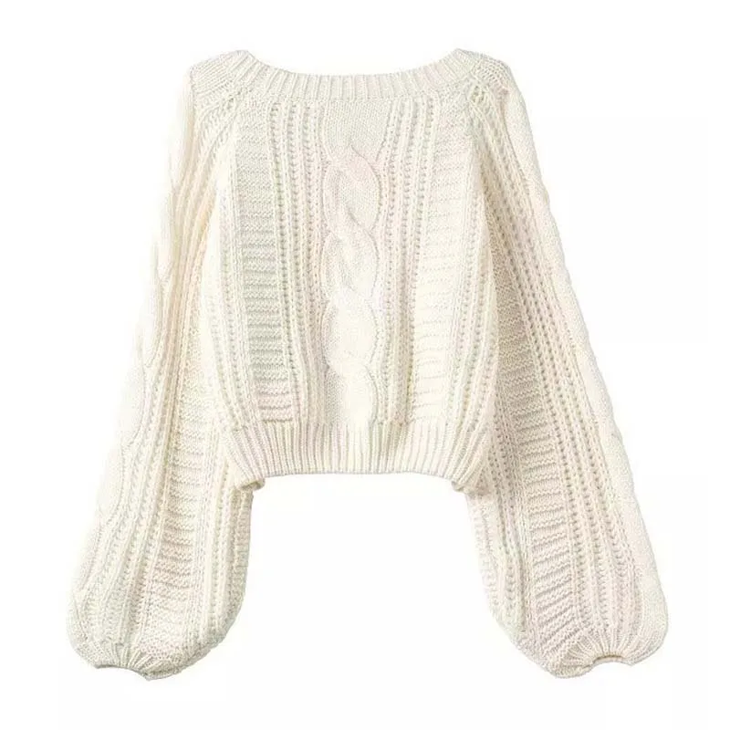Autumn Short Knitted Sexy Sweater Women Pullover Crop Tops Winter White Lantern Sleeve O-Neck Warm Sweaters Female Pullovers | Женская