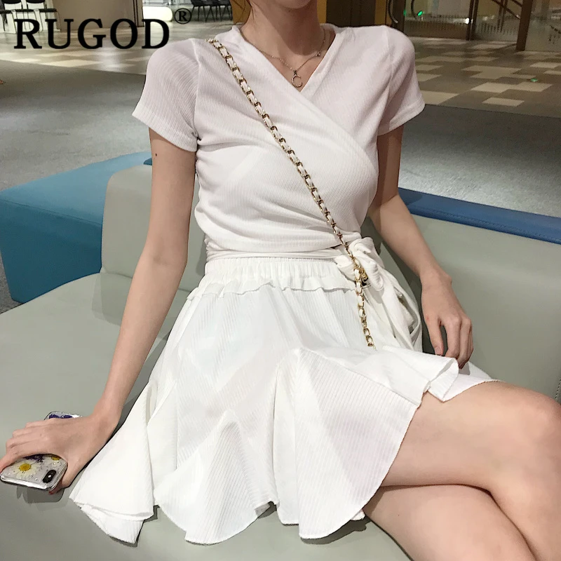 Женский костюм с юбкой RUGOD белый со шнуровкой и оборками в Корейском стиле летняя