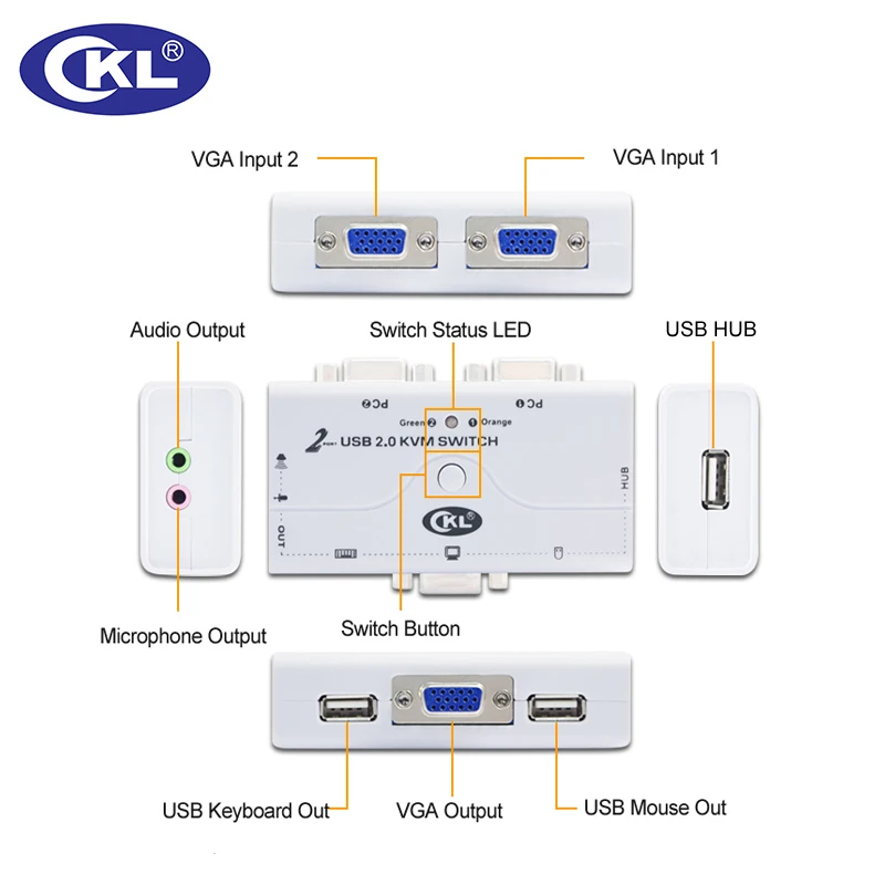 KVM переключатель VGA 2 порта USB 0 с кабелями поддержка аудио микрофон принтер сканер
