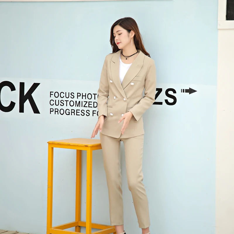 

Women Pant Suits Double Breasted Blazer Suits Office Lady Sets Work Wear Set Long Sleeve Suit Jacket + Straight Pant Two-piece