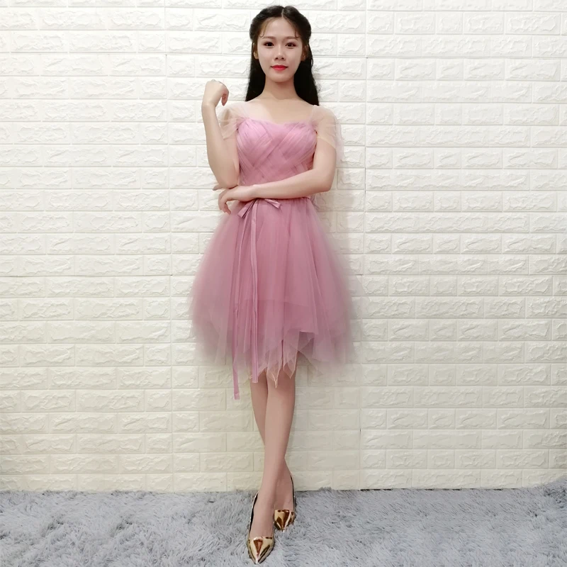 Короткое платье подружки невесты бальное с коротким рукавом и Перекрещением