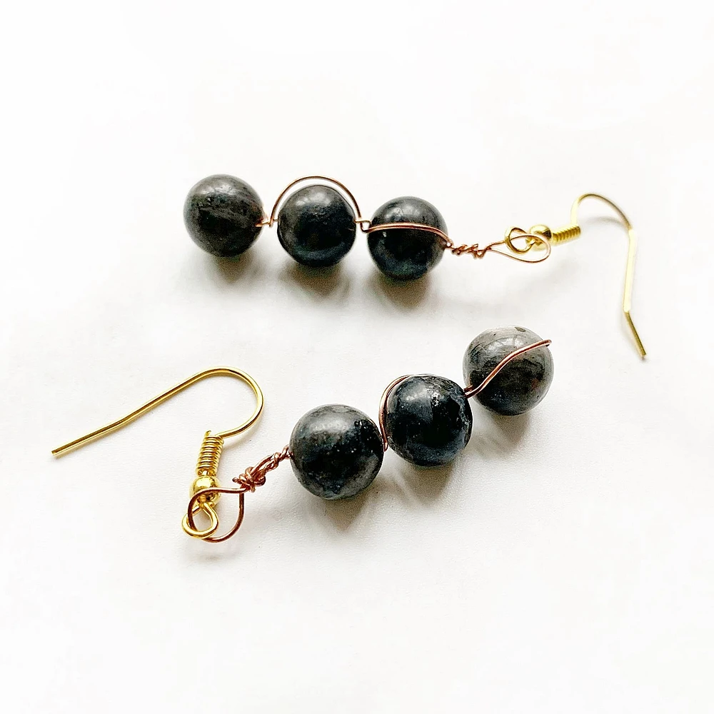 Natural Black Labradorite Earrings Copper Wire Wrapped 8mm Stone Beads Dangle Hook Gold-color Jewelry | Украшения и аксессуары