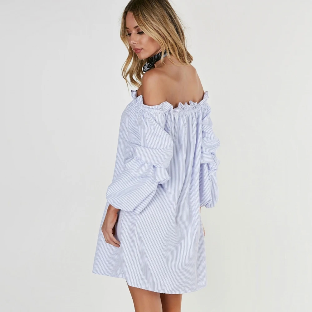 HDY Haoduoyi Sexy Slash Neck Ruffles Blouses Women Clothing Striped Lantern Long Sleeve Dress Casual Loose Pleated Mini Dresses | Женская