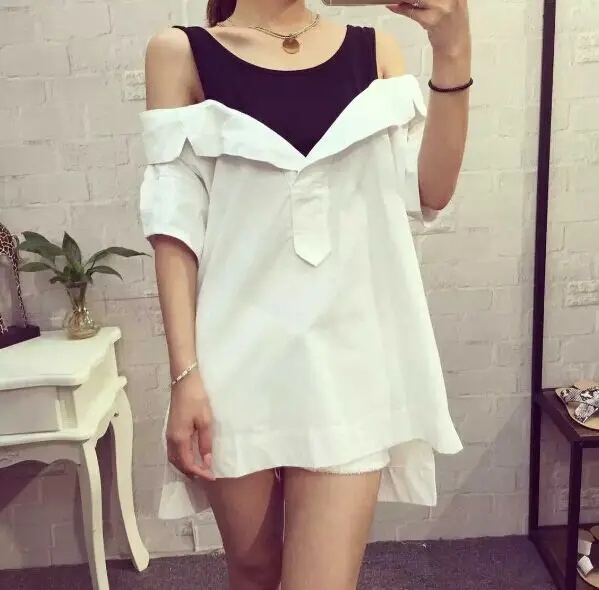 Summer Style 2015 Korean Fashion Off Shoulder Side Split Shirt Top Black White Patchwork vestido de festa D96 |