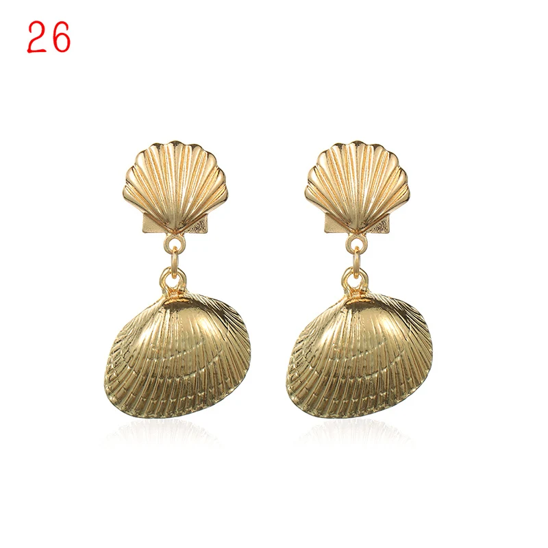 26 1Pair Summer Retro Fashion Shell Earrings Women Gold Color Geometric Irregular Starfish Conch Statement Jewelry Accessories - Окраска металла: 26