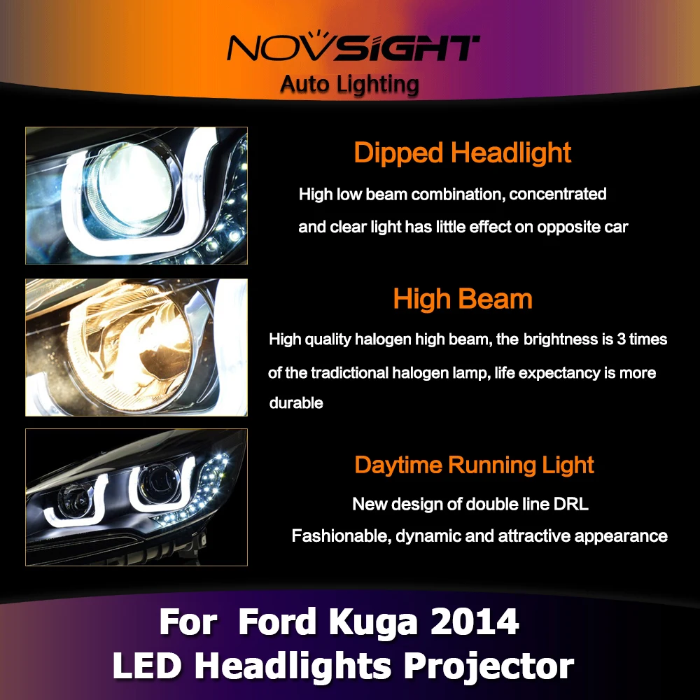 NOVSIGHT стайлинга автомобилей для Ford kuga фары 2014 светодиодный свет bi xenon h7 Ксеноновые