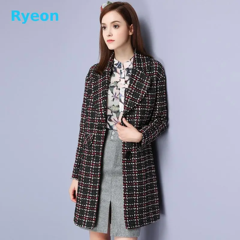 Ryeon 2016 Осень Зима Шерстяной Плед Женщин Пальто Высокого Качества Однобортный