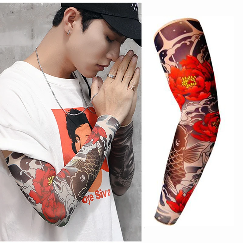 2 Pieces Packing 3D Print Fake Tattoo Sleeves Men Women Summer UV Sun Protection Cool Cycling Sleeves Size S, L