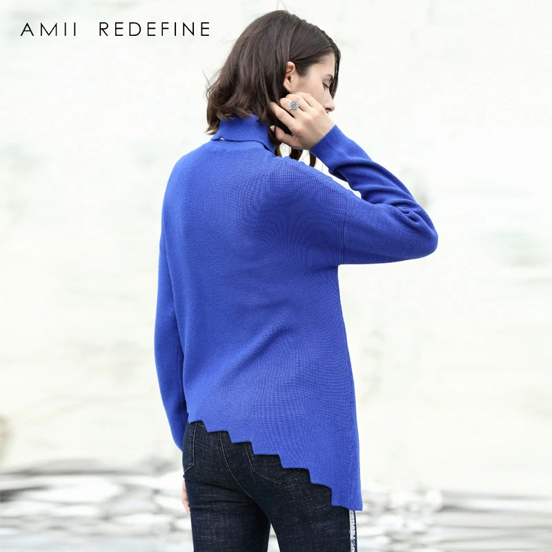Amii Redefine Knitted Turtleneck Sweaters Women Autumn Geometric Cutting Asymmetrical Casual O-neck Pullovers | Женская одежда
