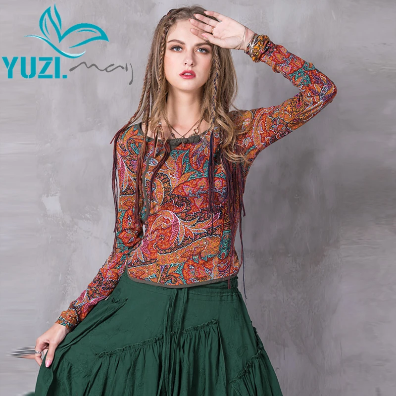 Новая вискозная нейлоновая рубашка Футболки женские 2017 Yuzi.may Boho с цветочным