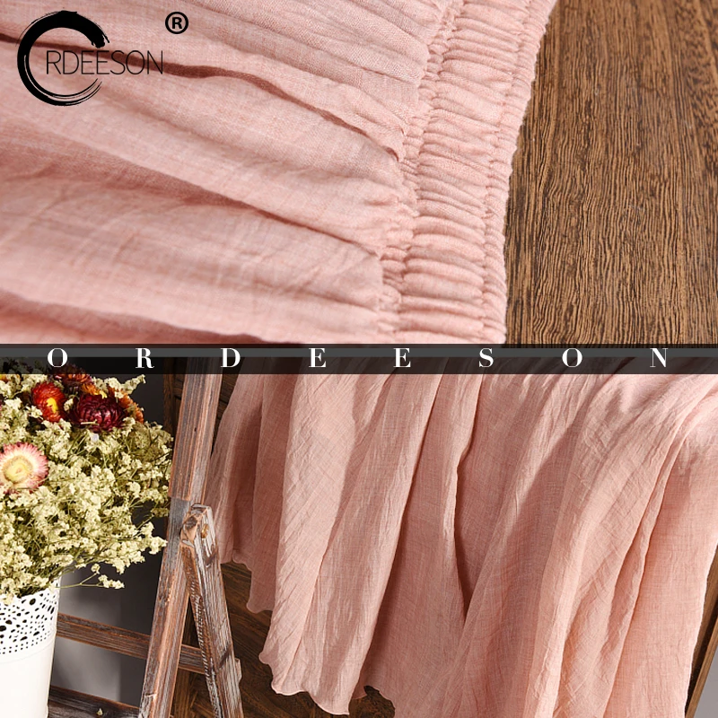 ORDEESON 60cm Linen Midi Skirt High Waist Solid Folk-custom A Line Cotton Elasticity Pleated Skirts Boho Vintage | Женская одежда