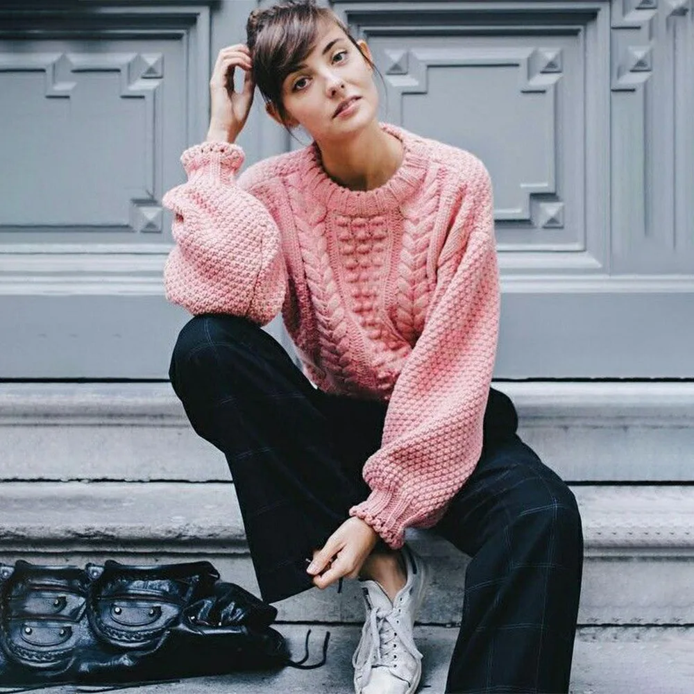 OMCHION Pull Femme 2018 Autumn Winter Twist Casual Women Sweaters And Pullovers O Neck Thick Pink Jumper Brand Knitwear LMM199 | Женская