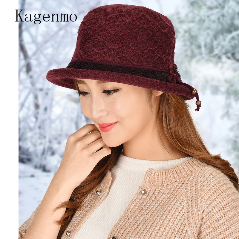 Kagenmo Mother's Bucket Hat Winter Outdoor Keep Warm Female Fishing Cap Knitting Wool Women Winter Bucket Cap Short Brim Topper
