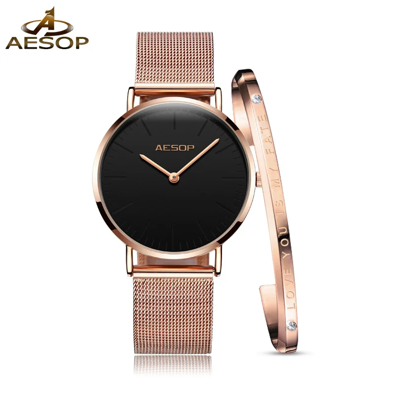 B black bracelet AESOP ультратонкие DW модные часы новые женские часы лучший бренд класса люкс кварцевые часы из розового золота браслет женские часы Relogio Feminino - Цвет: B black bracelet