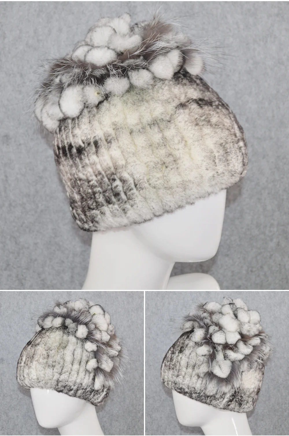 Горячая распродажа женский Настоящий мех кролика Skullies шапки Роскошные вязаные цветы натуральная шапка из меха кролика рекс зимние натуральный мех шапочки