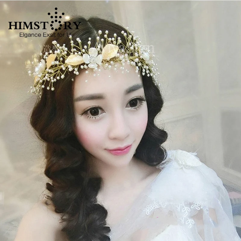 

HIMSTORY Newest Gold Handmade Beads Crystal Flower Wedding Hair Accessories Tiara For Bridal Head Jewelry