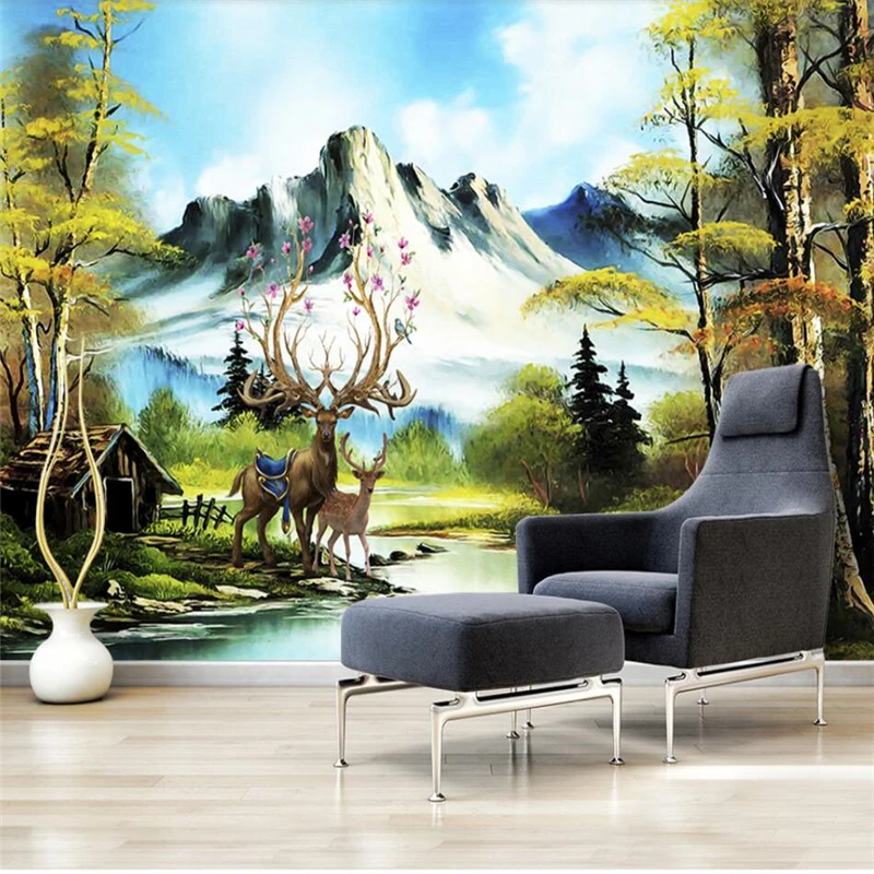 

wellyu European Landscape Elk Forest Landscape Oil Painting Wall Custom Large Mural Green Wallpaper papel de parede