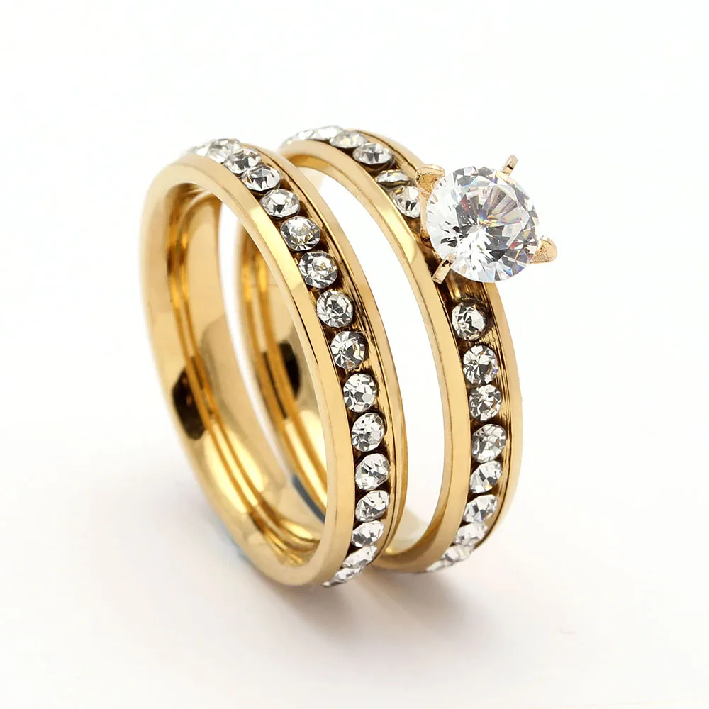 

Fashion 316L Stainless steel Ring Sets for Women Luxury Gold Silver wedding Jewelry With Cool white Zorcon crystal Jewelry Gift